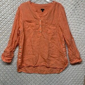 Talbots Orange 100%Linen Blouse Top Women's Size L Orange Roll Tab V Neck